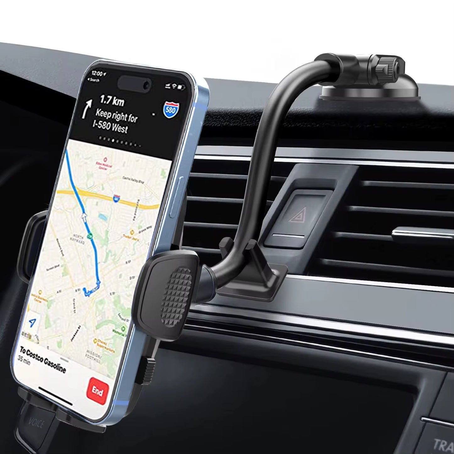 Long Arm Car Phone Mount – Flexible Gooseneck, 360° Adjustable, Windshield & Dashboard Holder