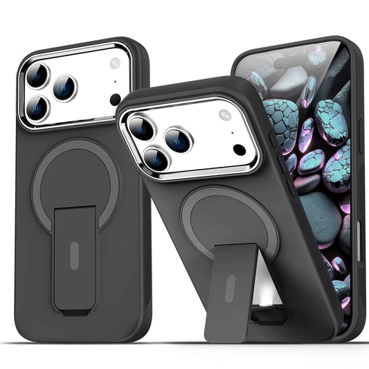 Magnetic kickstand phone case with raised camera surround